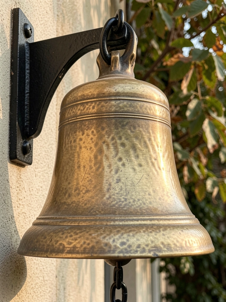 Grande sino de bronze antigo montado em suporte de ferro preto com corrente polida, luz natural difusa e folhagem ao fundo.