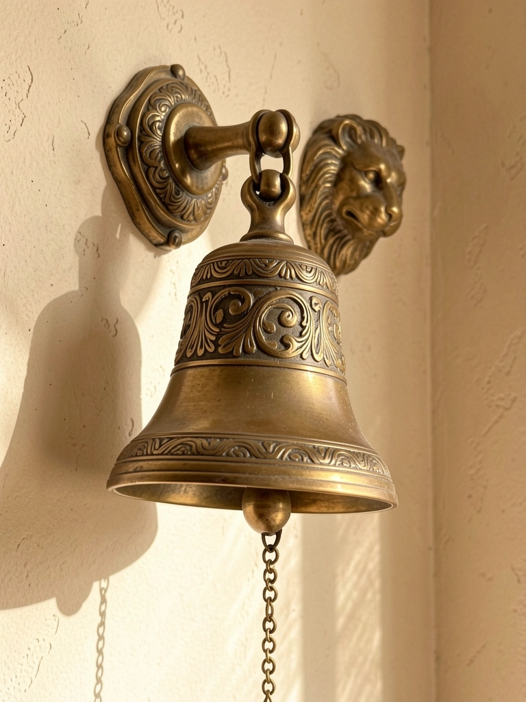 Sino de latão ornamentado pendurado em suporte de parede com cabeça de leão, luz natural e fundo bege texturizado.