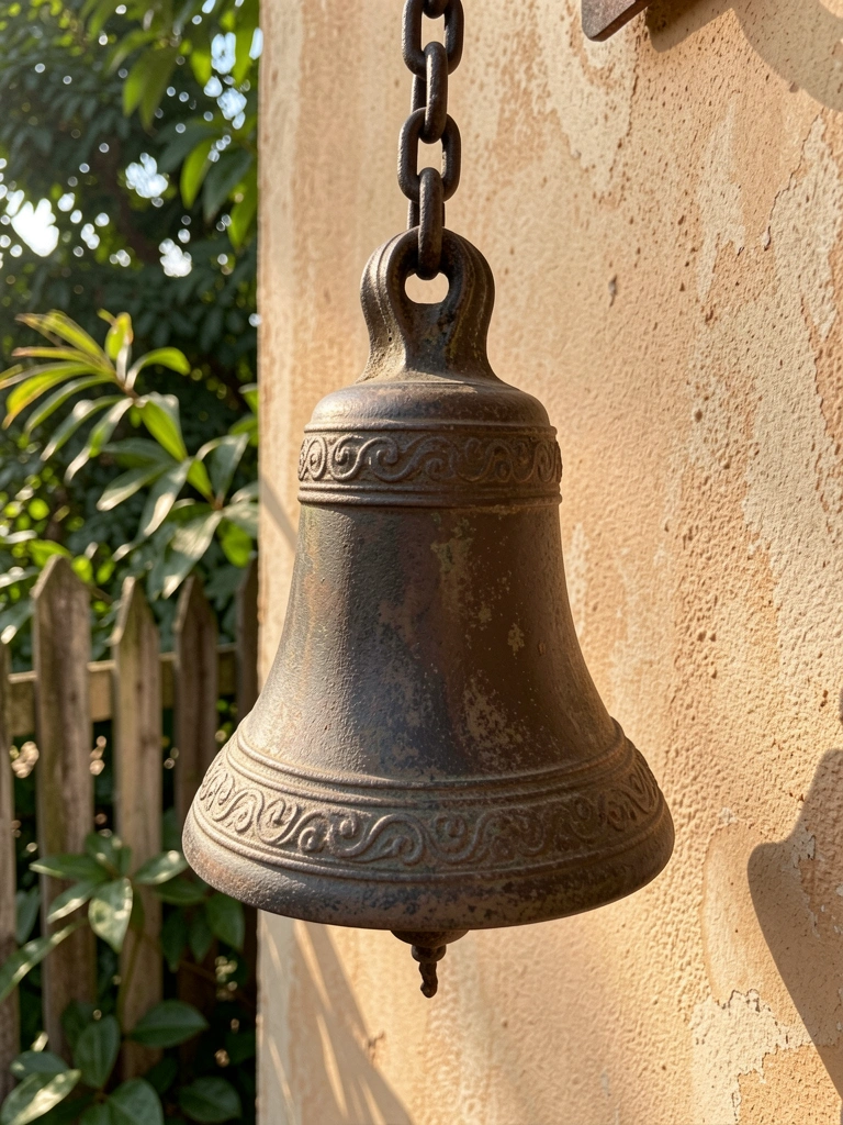 Sino de bronze escuro pendurado por corrente grossa em parede bege texturizada, com folhagem verde ao fundo e luz natural suave.