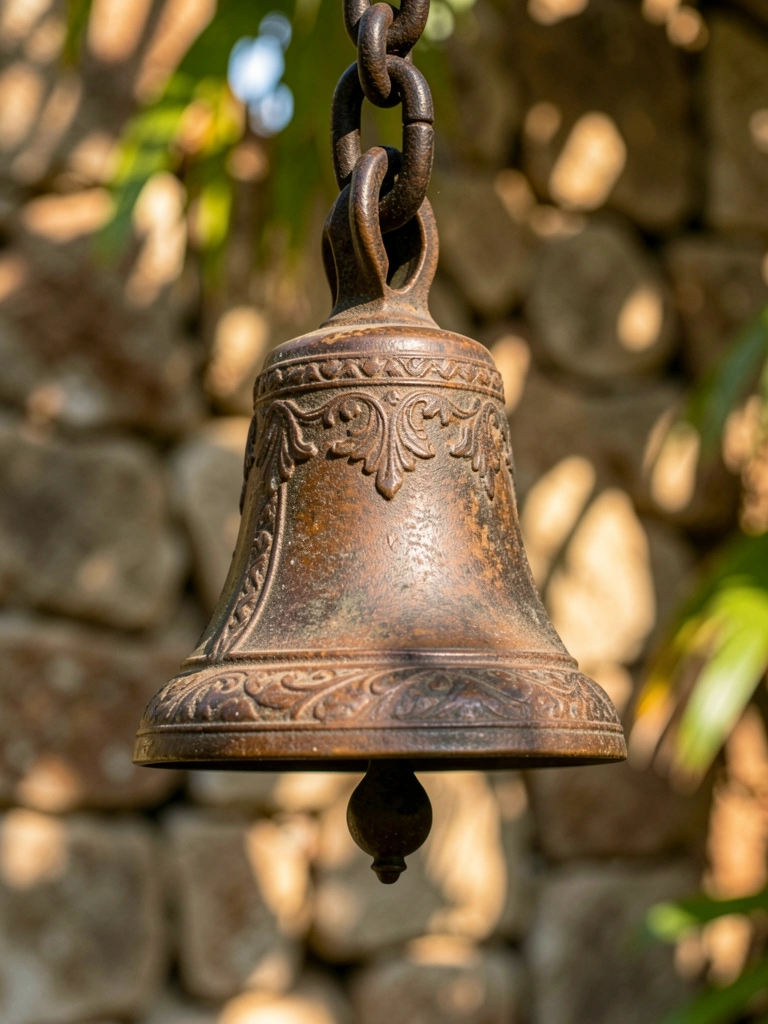 Sino de bronze antigo com detalhes em ferro forjado pendurado em corrente grossa, luz natural quente e fundo de parede de pedra desfocado.