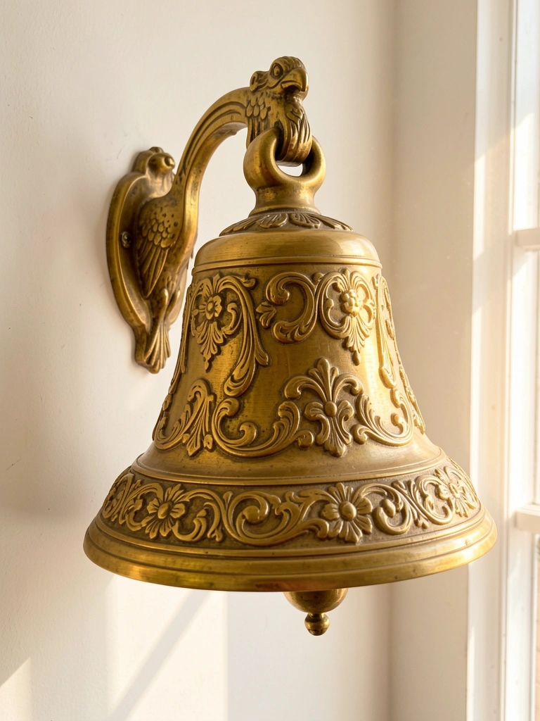 Sino de latão ornamentado em suporte de parede com pássaro esculpido, luz natural difusa realça o dourado.