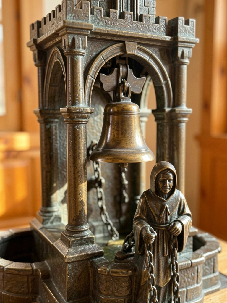 Fonte de bronze envelhecido com detalhes de castelo, arcos e sino pendurado, luz difusa destacando texturas.