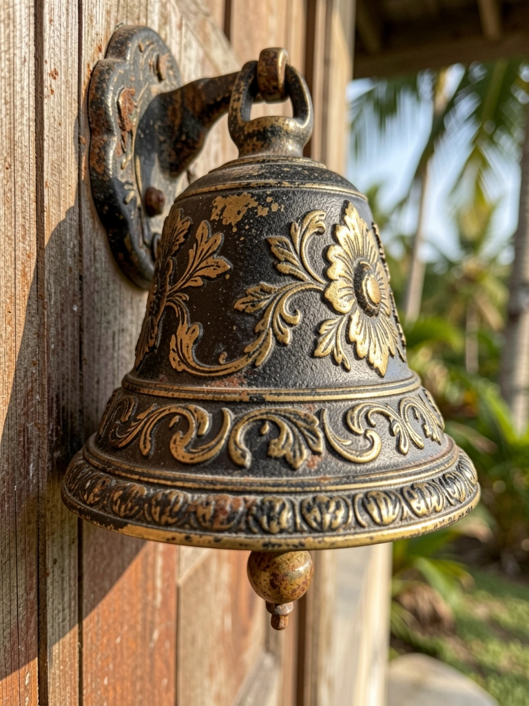 Detalhes de uma campainha de ferro preta e dourada com pátina, montada em porta de madeira gasta, luz natural e desfoque ao fundo.