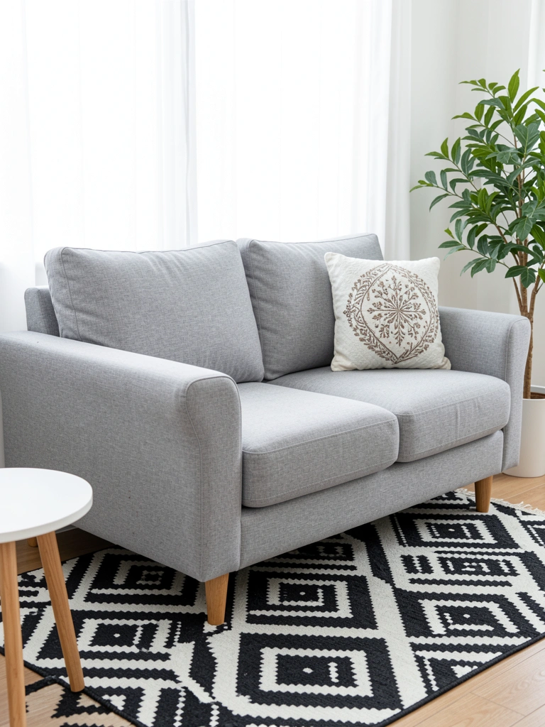 Sofá cinza de dois lugares com almofada decorativa, pés de madeira, vaso de planta verde ao lado, mesa redonda branca e tapete geométrico preto e branco sob luz natural suave.