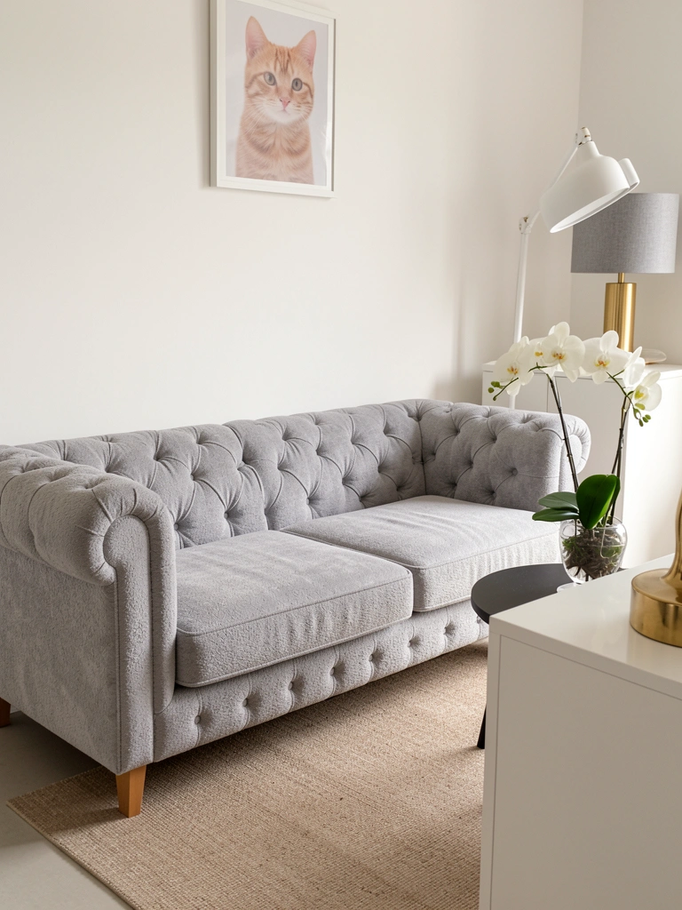 Sofá Chesterfield cinza claro com pés de madeira, mesa redonda preta com vaso de orquídeas brancas e luminária alta de abajur cinza.