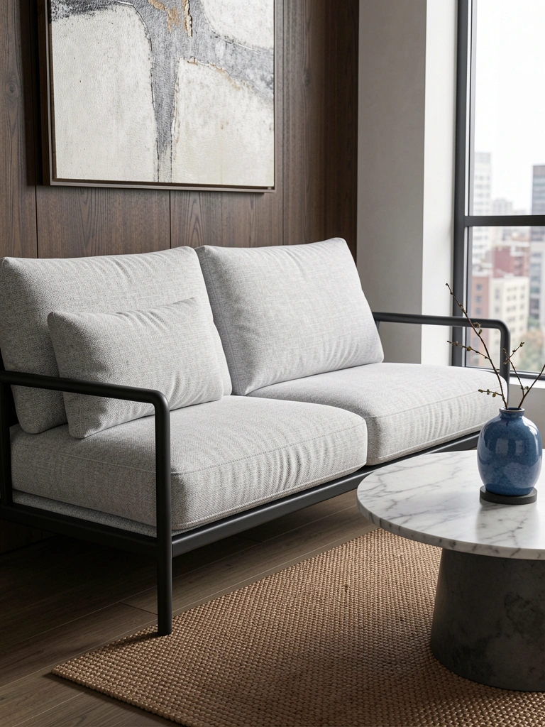 Sofá-cama cinza claro com estrutura preta, mesa de mármore redonda com vaso azul e ramo, parede escura com pintura abstrata, luz natural suave.