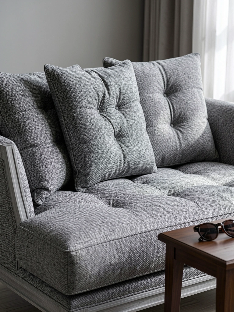 Estofado cinza texturizado com capitonê, mesa lateral escura e óculos escuros, luz natural difusa.