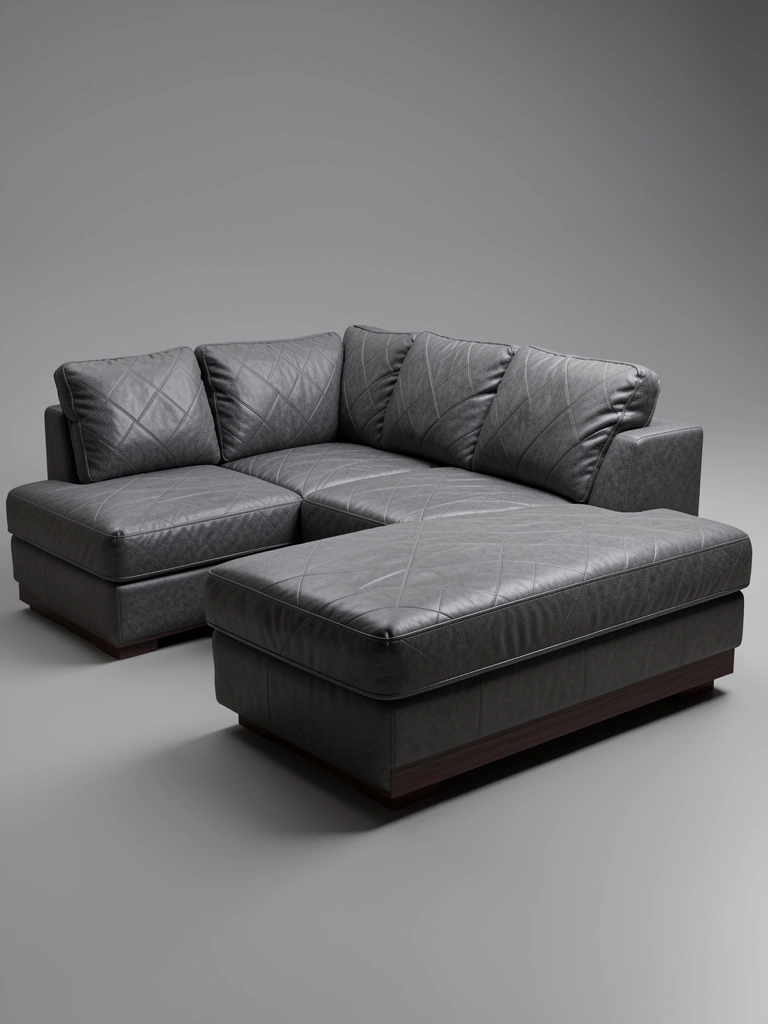 Sofá-cama cinza escuro em couro texturizado com costuras aparentes e padrão diamante, iluminação suave destacando a textura.