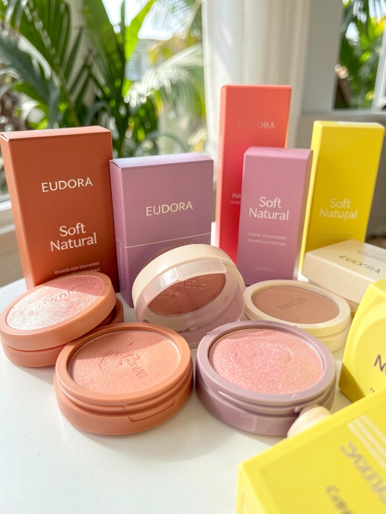 Blushes e cremes Eudora em tons terracota, coral e cereja sobre superfície branca, com textura cremosa e shimmer sutil, luz natural suave ao fundo.