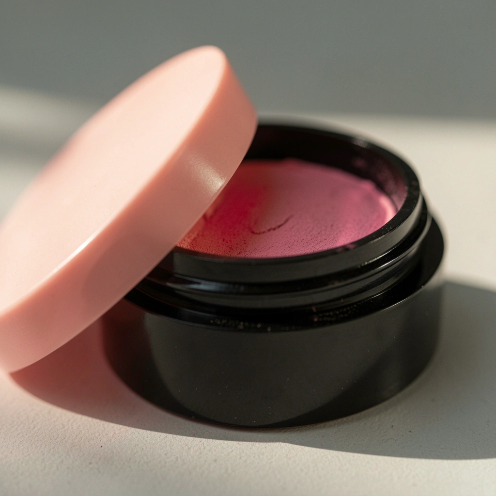 Pote cosmético preto com tampa rosa blush entreaberta, pó rosado visível, superfície refletindo luz natural, fundo cinza neutro.