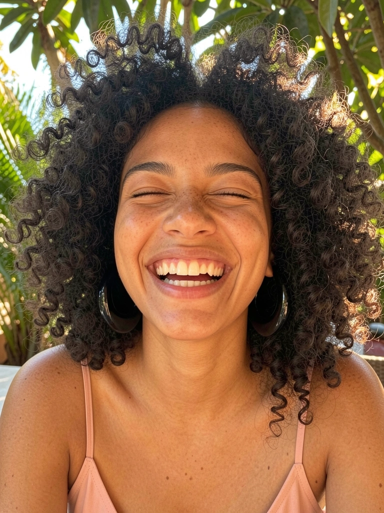 Jovem com cabelos crespos volumosos e brincos pretos brilhantes, sorrindo sob luz natural em um fundo verde desfocado.