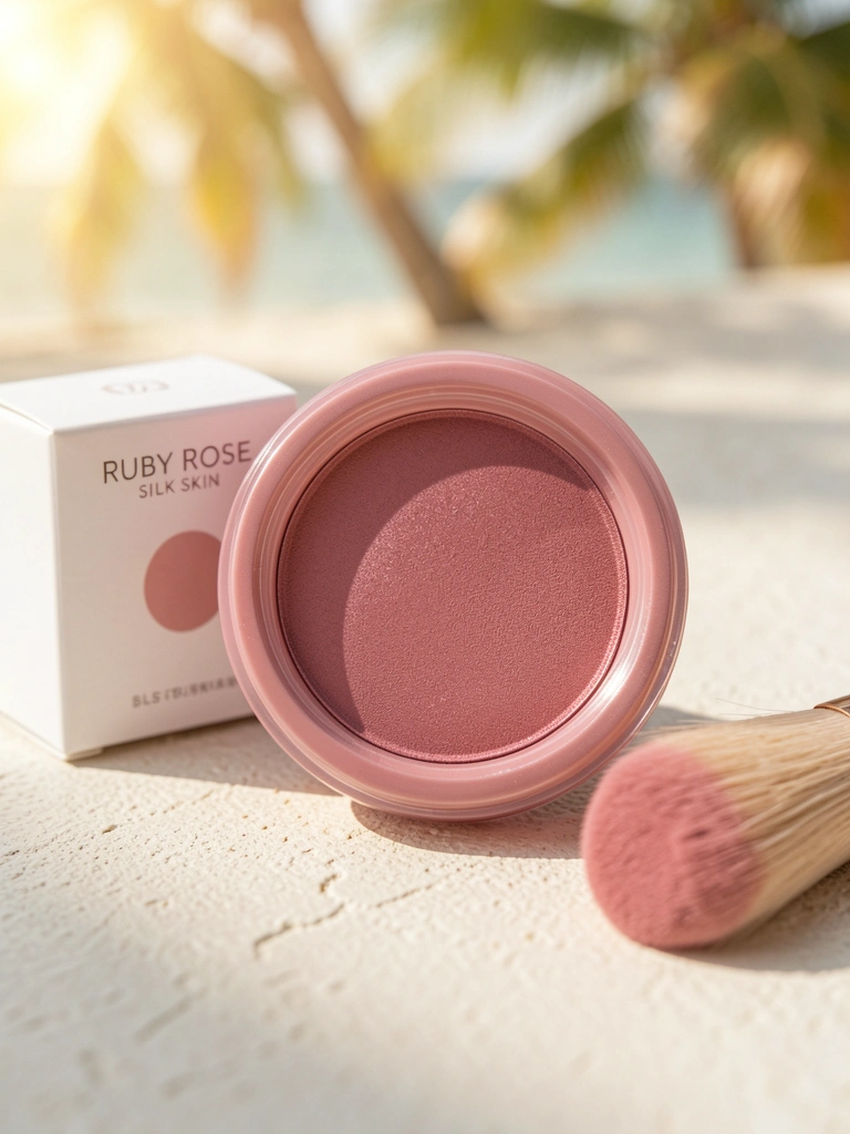 Blush compacto rosa poeira sobre superfície texturizada clara, pincel delicado ao lado, luz natural difusa destacando a textura sedosa e brilho sutil.