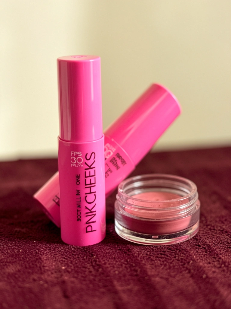 Blush rosa vibrante em embalagem glossy sobre superfície bordô, com pote de plástico transparente ao lado, luz natural difusa e fundo neutro desfocado.