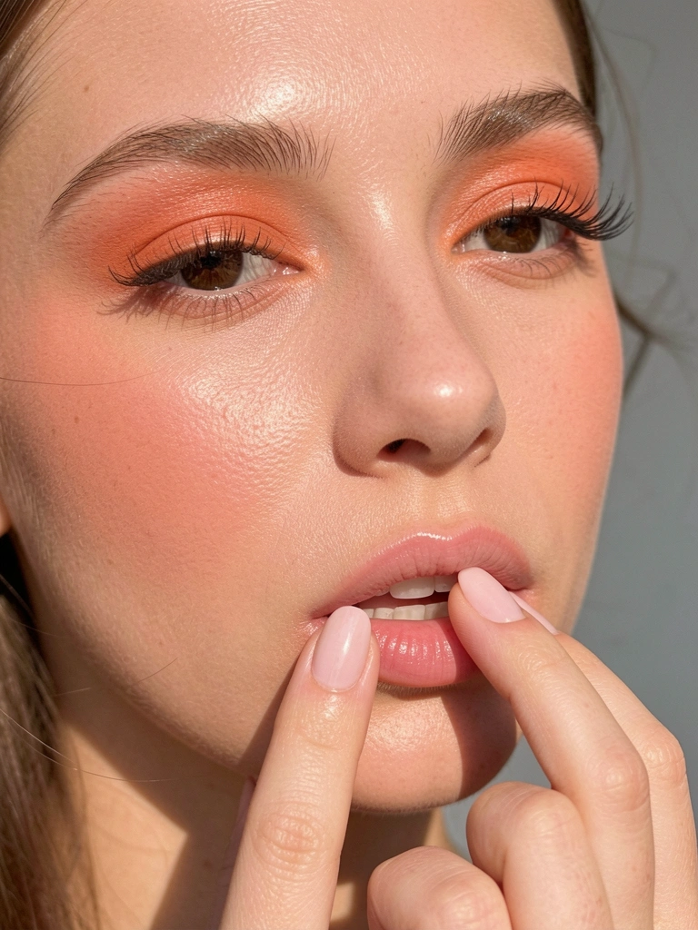 Close-up de mulher com pele rosada, blush pêssego, sombra laranja e unha rosa clara tocando os lábios, fundo cinza suave e luz natural.