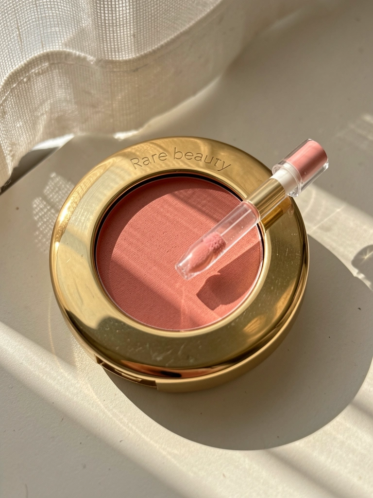 Blush da Rare Beauty em estojo dourado polido com aplicador tubular transparente, cor coral-rosada suave, luz natural difusa filtrada por cortina.