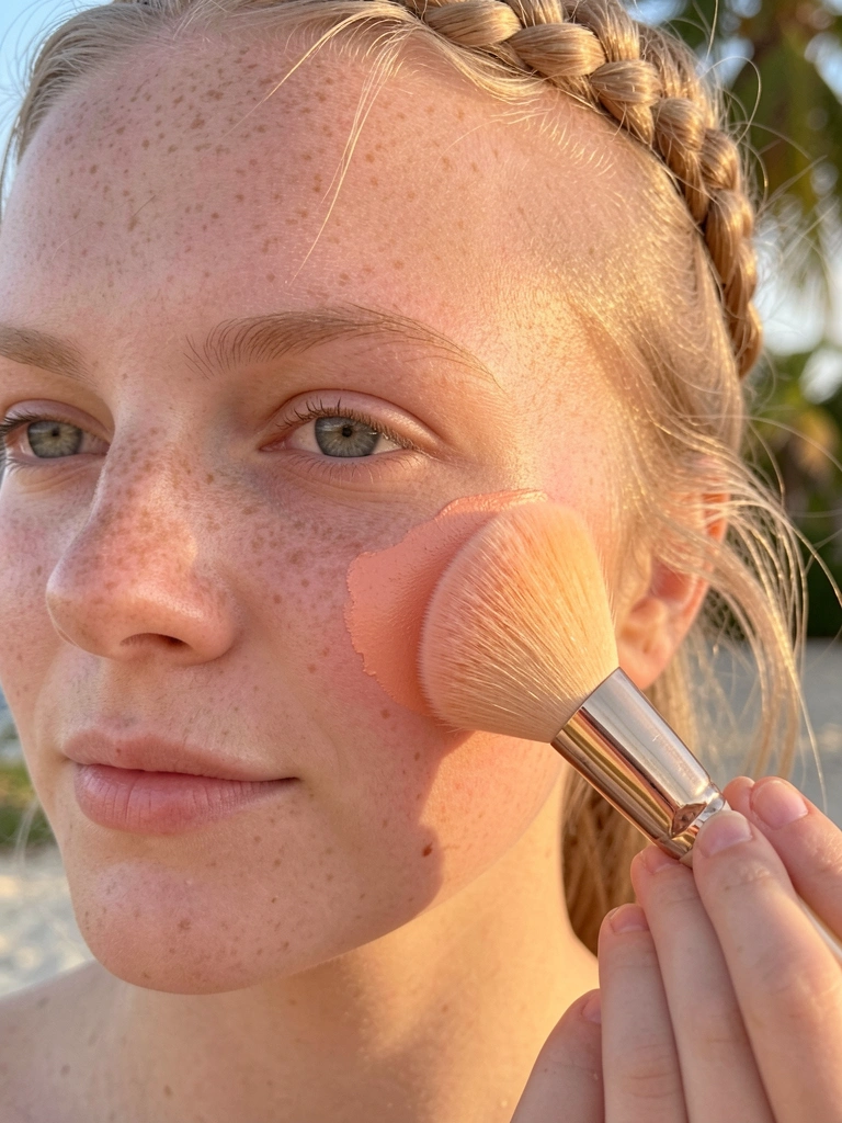Jovem de pele sardenta e olhos claros aplica blush cremoso pêssego com pincel grande e fofo, luz natural suave, fundo desfocado com luz tropical.