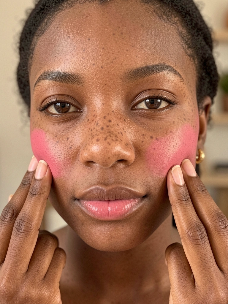 Jovem negra com sardas e blush rosado aplicado com os dedos, brincos dourados e luz natural difusa.