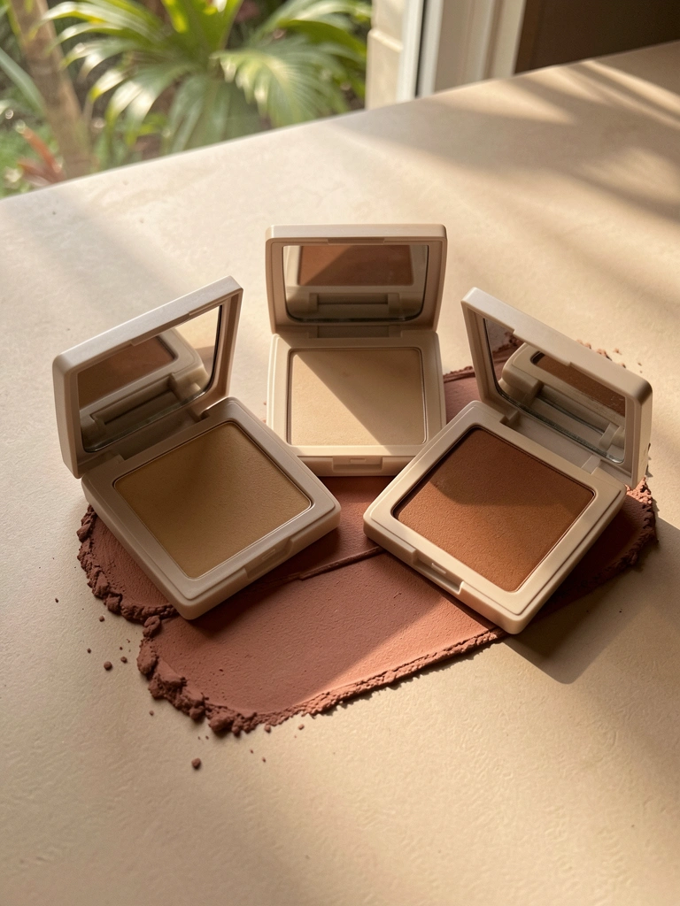 Três paletas compactas de pó em bege claro e marrom sobre um swatch de blush rosado, com tampas entreabertas, sob luz natural difusa.
