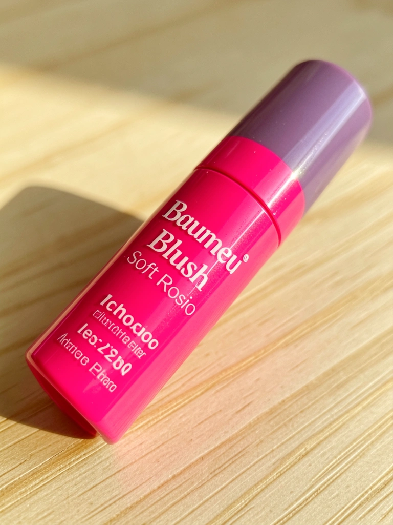 Batom Baumeu Blush Soft Rosio rosa vibrante com acabamento glossy sobre madeira clara, luz natural e desfoque suave no fundo.