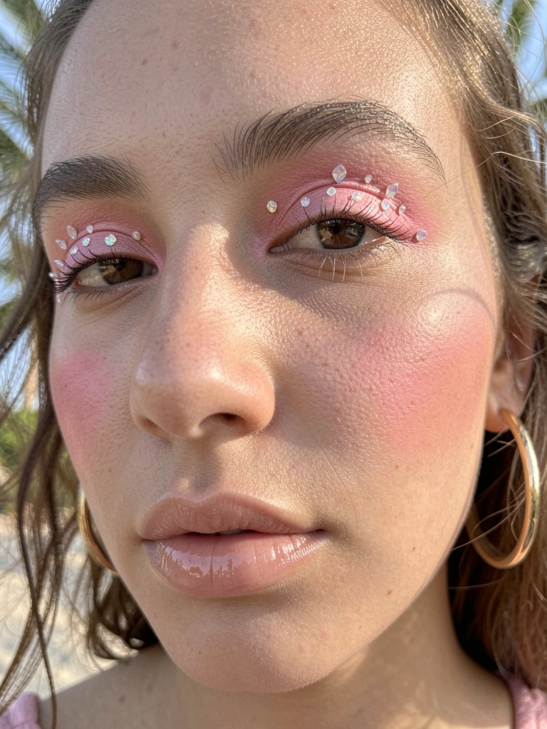 Jovem com sombra rosa e cristais iridescentes, brincos de argola dourados, pele com textura visível e luz natural difusa.