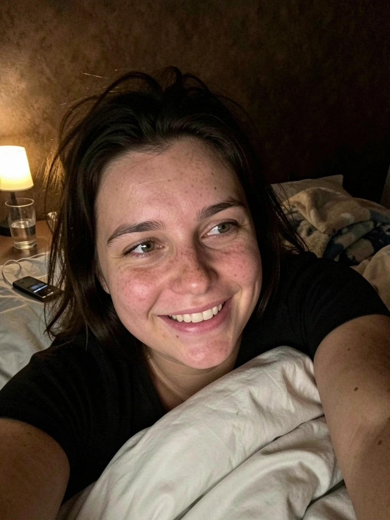Mulher acordando de madrugada, olhar pensativo, cama bagunçada ao fundo