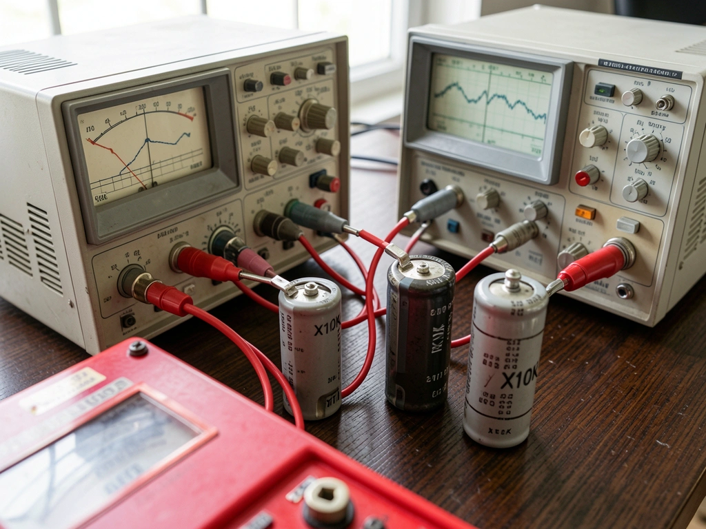 Dois osciloscópios analógicos vintage sobre mesa de madeira escura, conectados por fios vermelhos a capacitores cilíndricos com etiquetas 