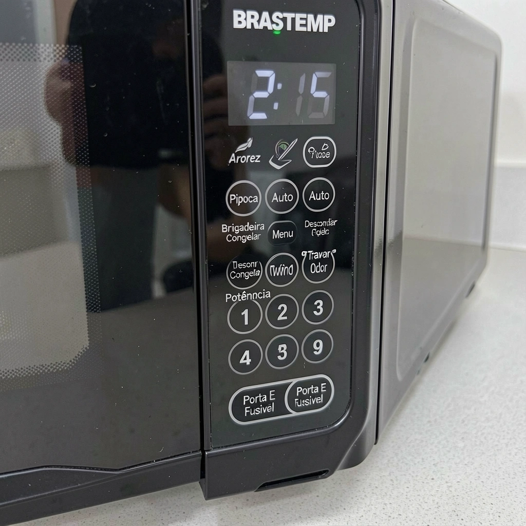 Micro-ondas Brastemp preto com painel digital e botões, sobre bancada cinza clara, reflexo sutil e iluminação uniforme.
