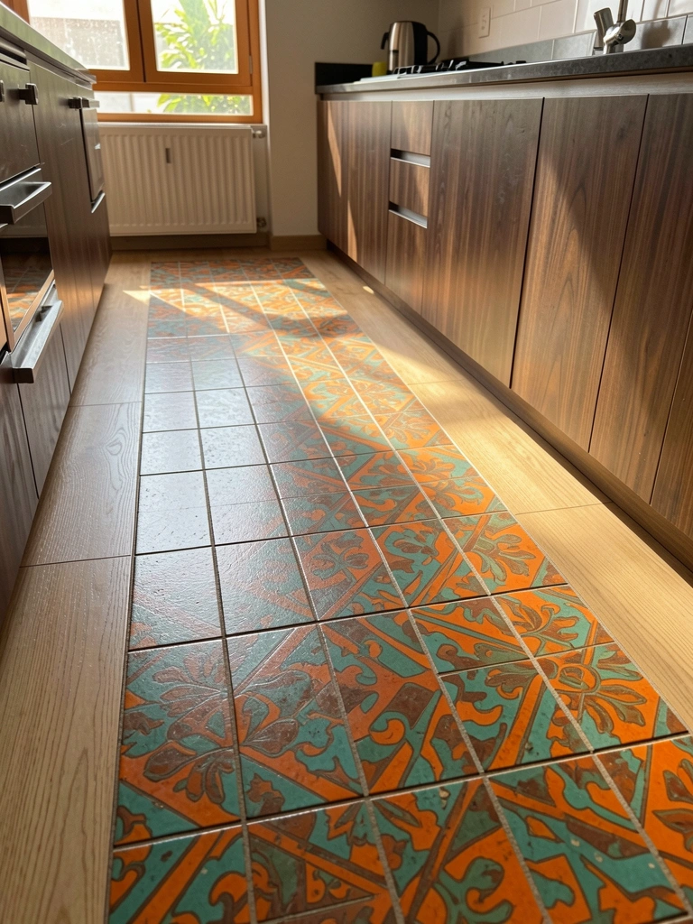 Tapete longo com padrão geométrico em laranja, verde e marrom sobre piso de madeira clara, cozinha com armários escuros e pia de inox ao fundo, luz natural entrando pela janela.