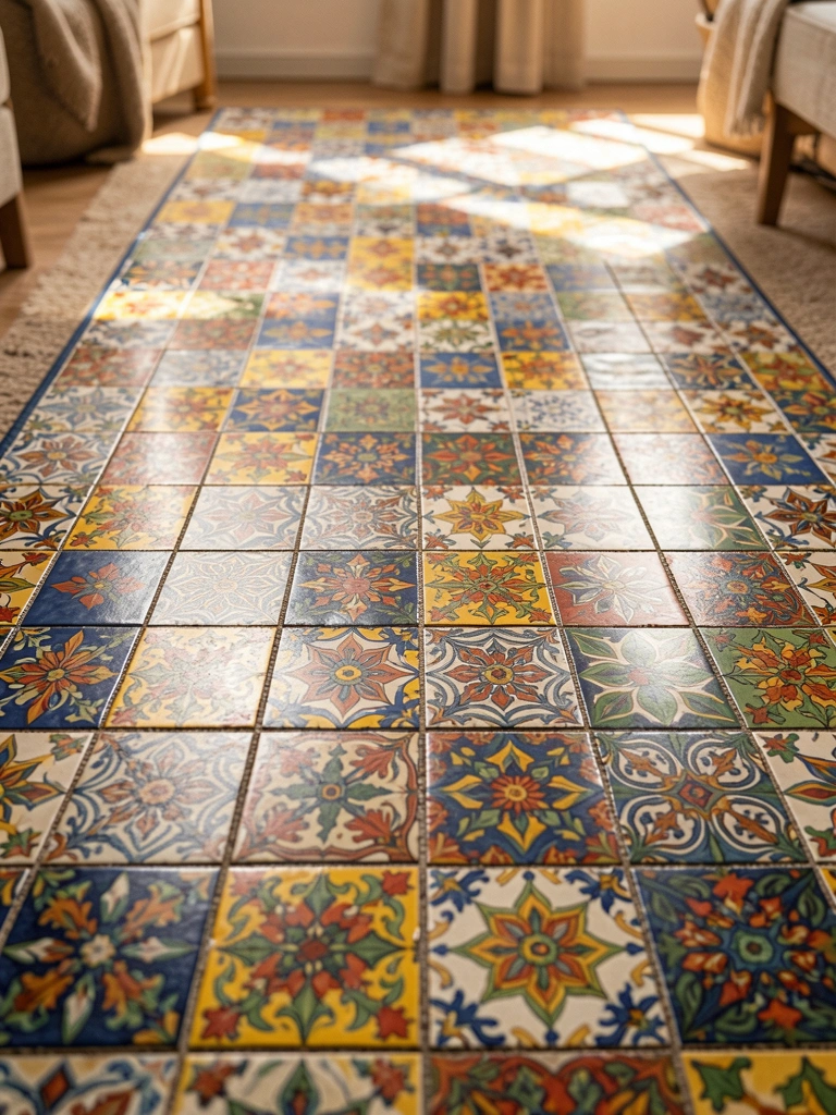 Tapete retangular longo com padrão de azulejos portugueses em azul, amarelo, vermelho, verde e laranja, luz natural e fundo desfocado.