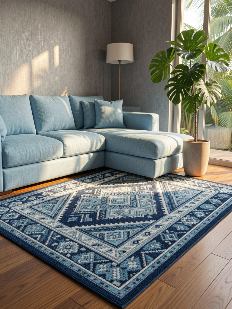 Tapete de microfibra com padrão geométrico em azul escuro, claro e branco sobre piso de madeira, sofá azul claro e planta verde ao lado, luz natural suave.