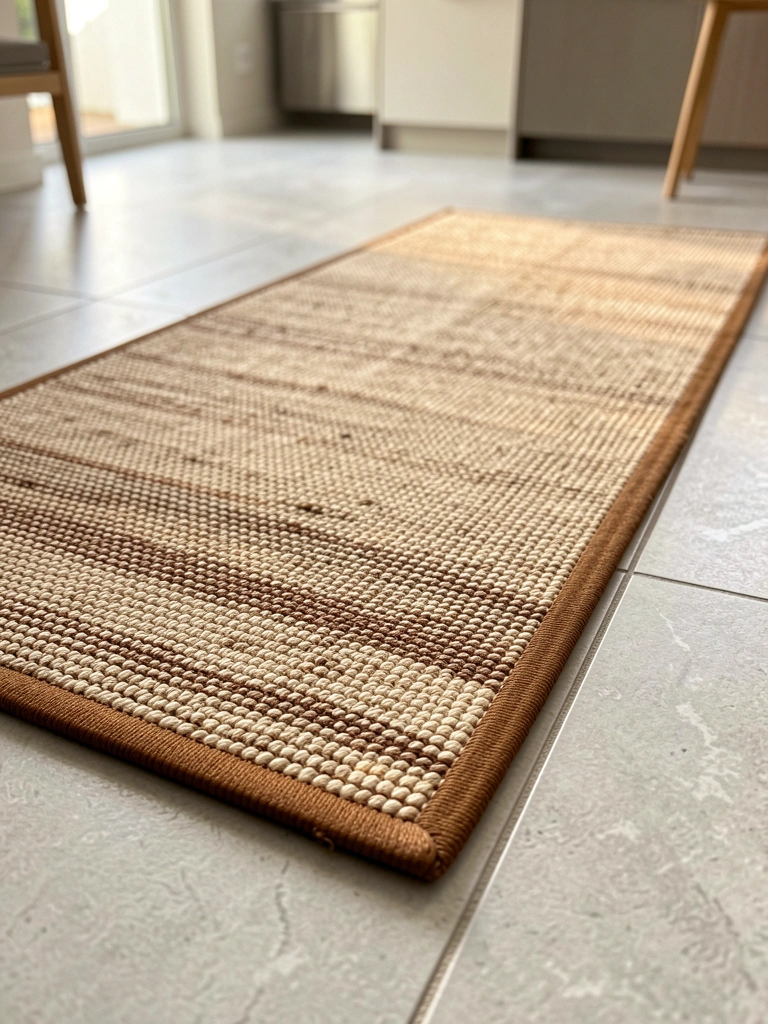 Tapete retangular de fibra natural com padrão bege e marrom sobre piso de cerâmica cinza claro, luz natural e cozinha moderna ao fundo.