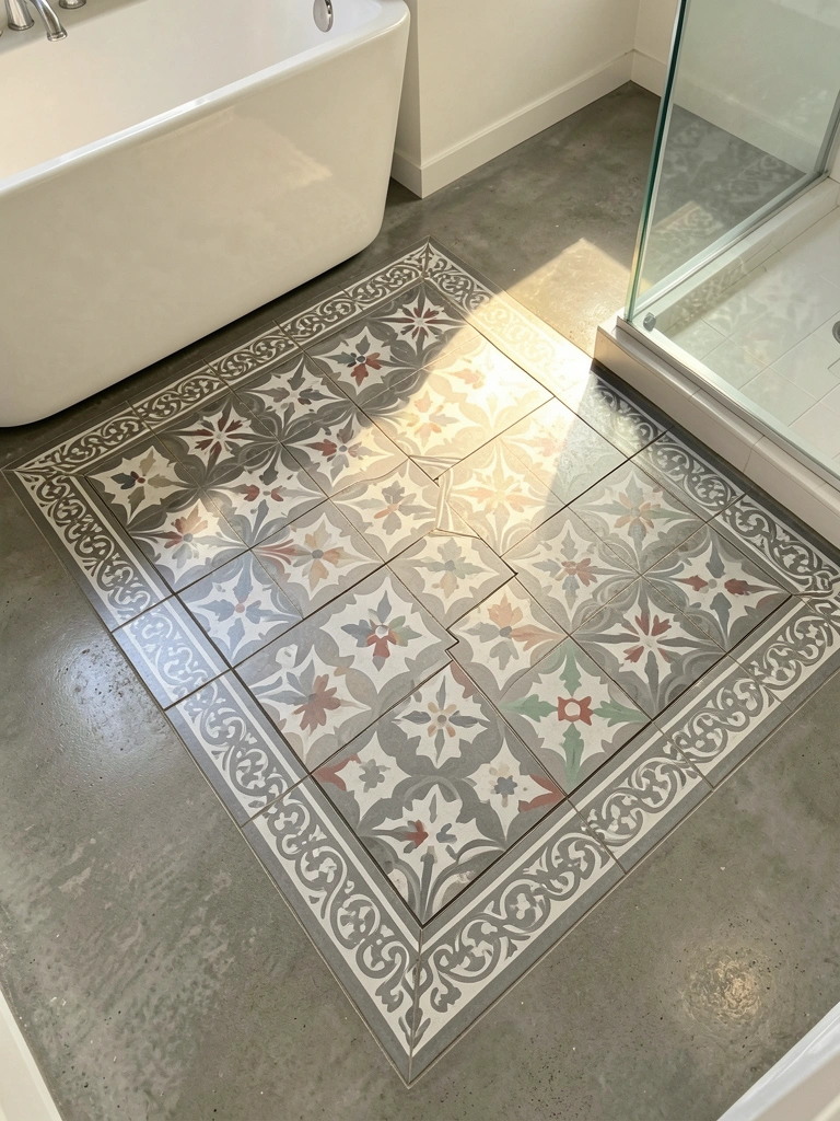 Piso de cerâmica cinza e branco com padrão floral geométrico e detalhes em vermelho, banheira branca e box de vidro ao fundo, luz natural do dia.