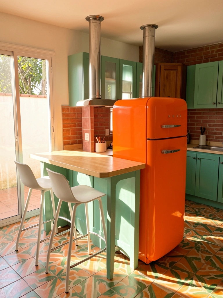 Geladeira vintage laranja em ilha com bancada de madeira clara, bancos brancos e backsplash de tijolos vermelhos, luz natural entrando por janela.
