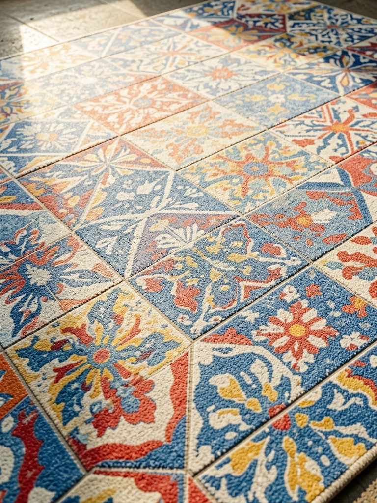 Tapete com estampa de azulejos geométricos em azul, vermelho, amarelo e branco, textura felpuda e levemente gasta sob luz natural.