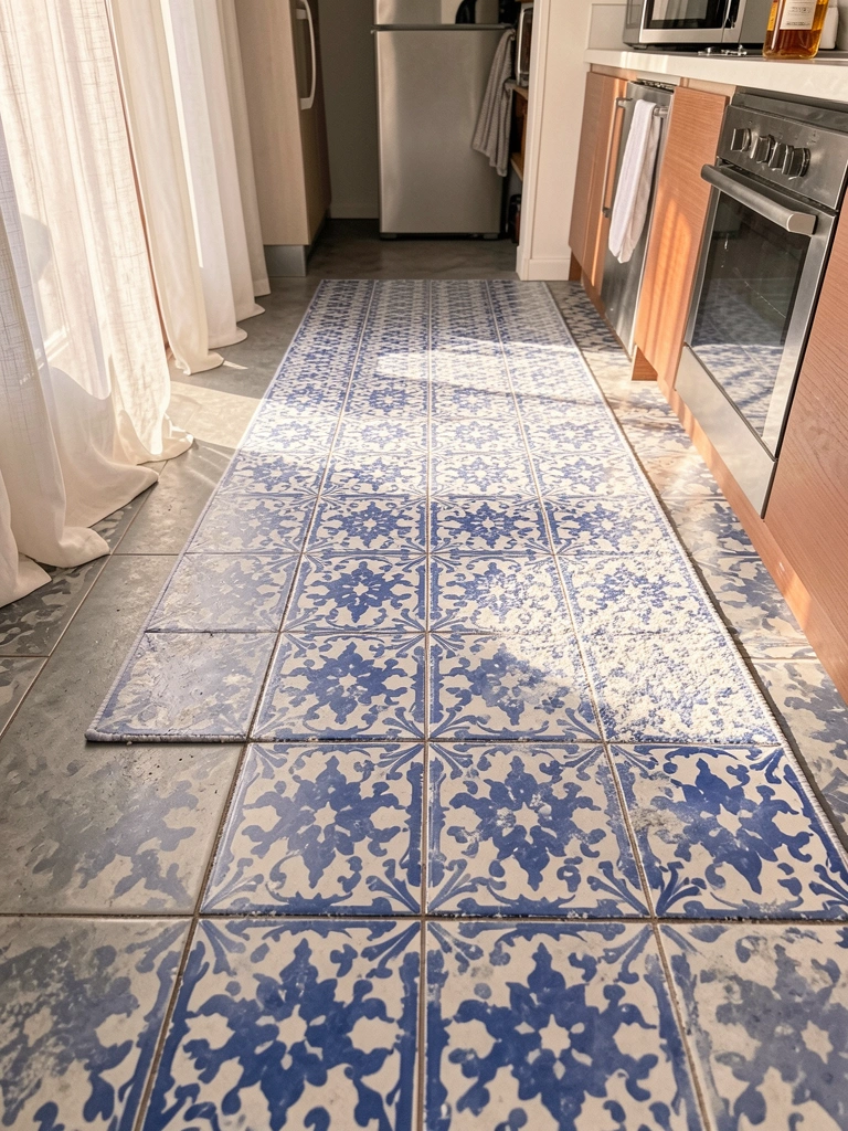 Piso de concreto cinza com padrão de azulejos azuis e brancos, tapete retangular combinando, bancada com micro-ondas e garrafa âmbar ao fundo, luz natural filtrada por cortina.