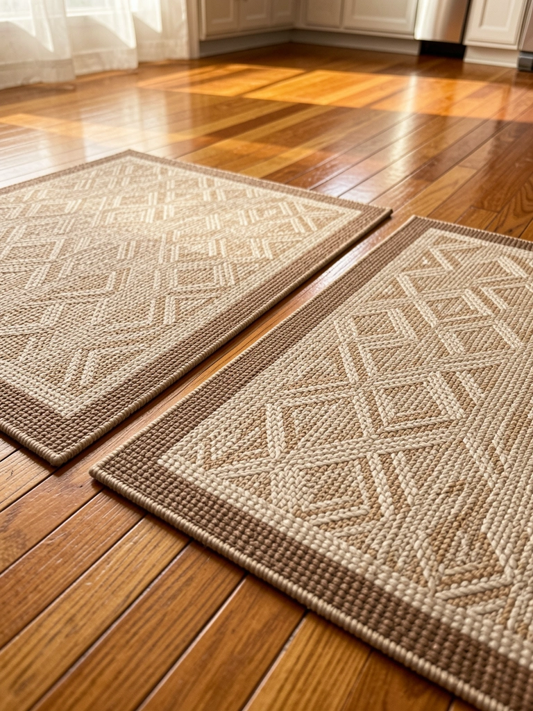 Dois tapetes de sisal bege com padrão geométrico lado a lado em piso de madeira aquecido pelo sol, textura entrelaçada em destaque.