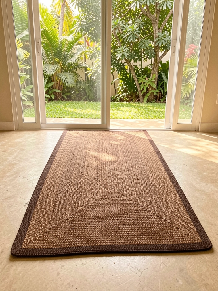Tapete retangular marrom trançado com borda escura sobre piso de concreto bege claro, porta de vidro deslizante com vista para área verde e luz natural filtrada.