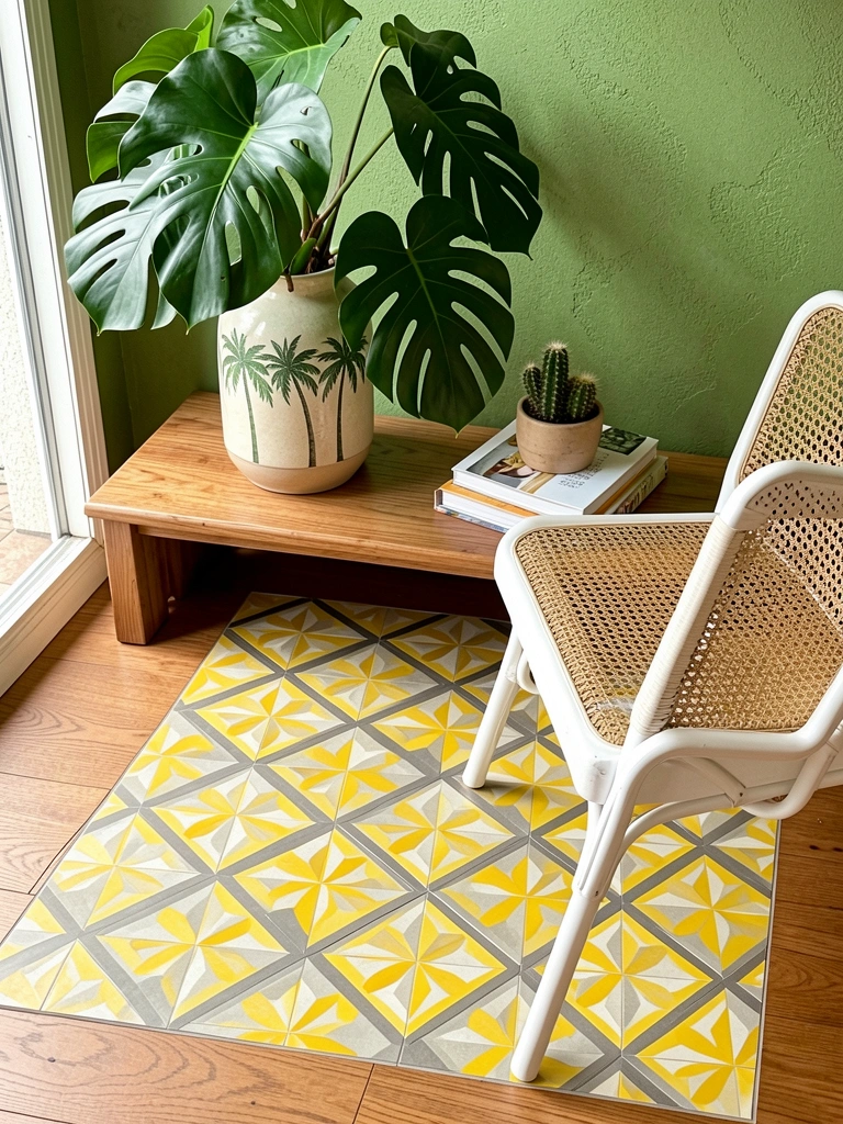 Ladrilho amarelo e cinza com padrão geométrico, vaso de cerâmica com palmeiras, cacto e livros sobre mesa de madeira, cadeira de vime branca e folhas de Monstera.