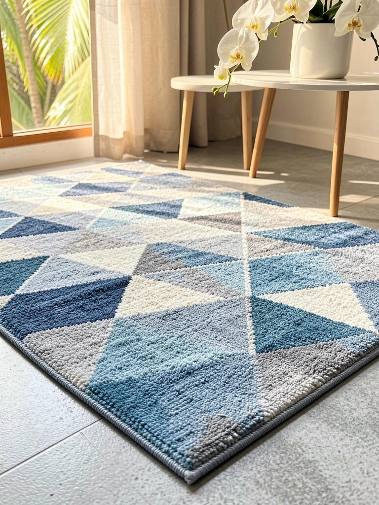 Tapete geométrico azul, cinza e branco com textura felpuda, mesa lateral branca redonda e vaso com orquídeas brancas, luz natural quente.