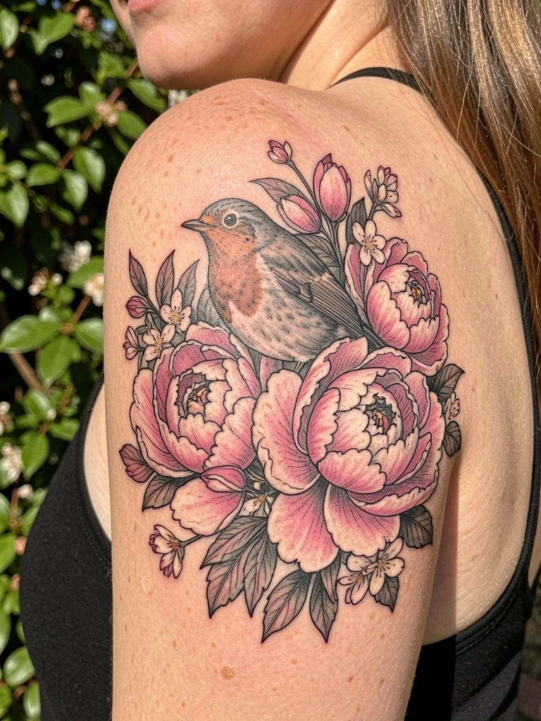 Tatuagem preta e cinza no ombro esquerdo de uma mulher: um rob pousado entre peônias grandes rosas e brancas com detalhes em linha fina, luz natural do dia.