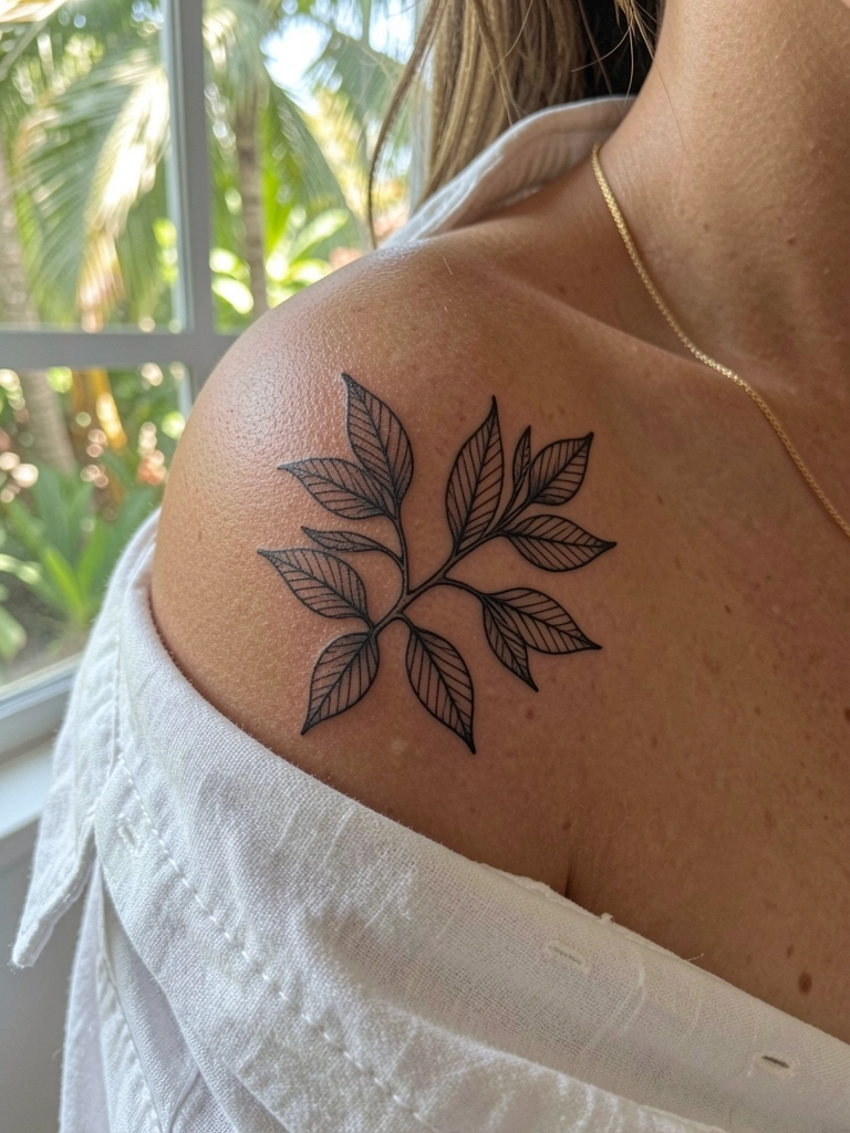 Tatuagem preta fina de ramo com folhas no ombro, pele realista, camisa de linho branca e colar de ouro, luz natural suave.
