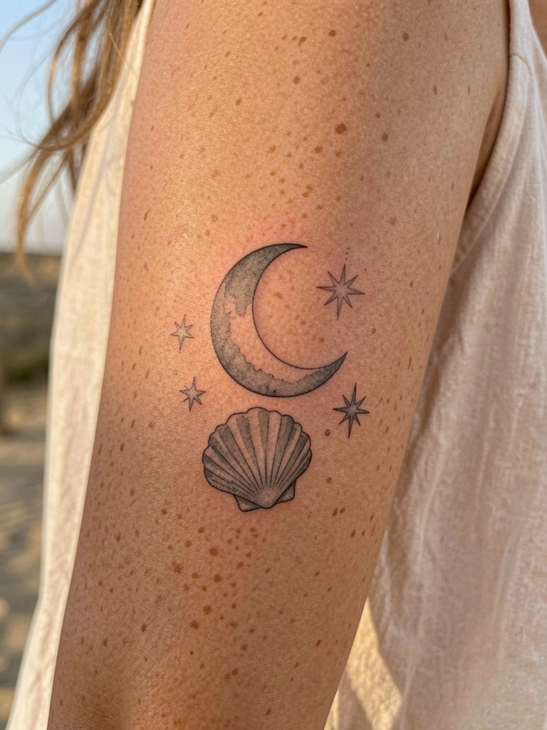 Braço feminino com tatuagem delicada de lua crescente, concha e estrelas em tons de cinza, luz natural suave e fundo desfocado.