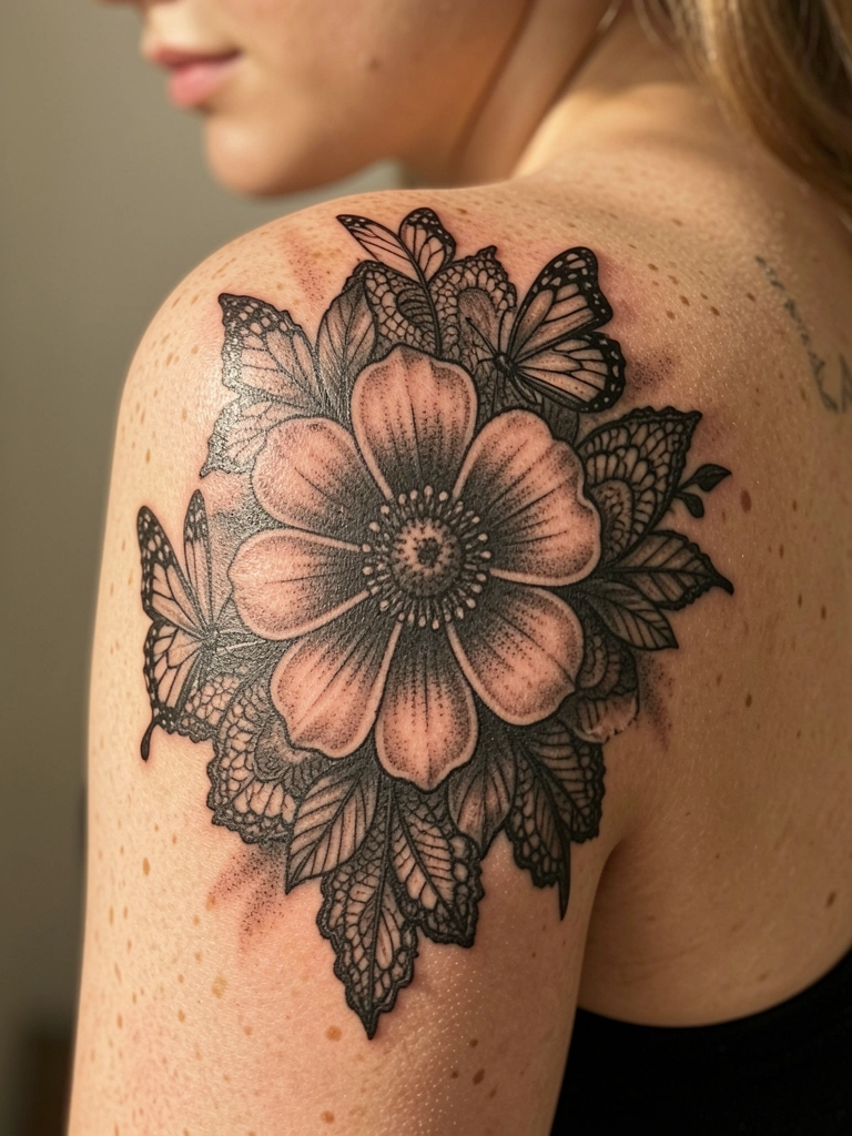 Tatuagem preta e branca no ombro feminino com design floral intrincado, borboletas delicadas e padrões de renda, luz natural suave e fundo neutro desfocado.