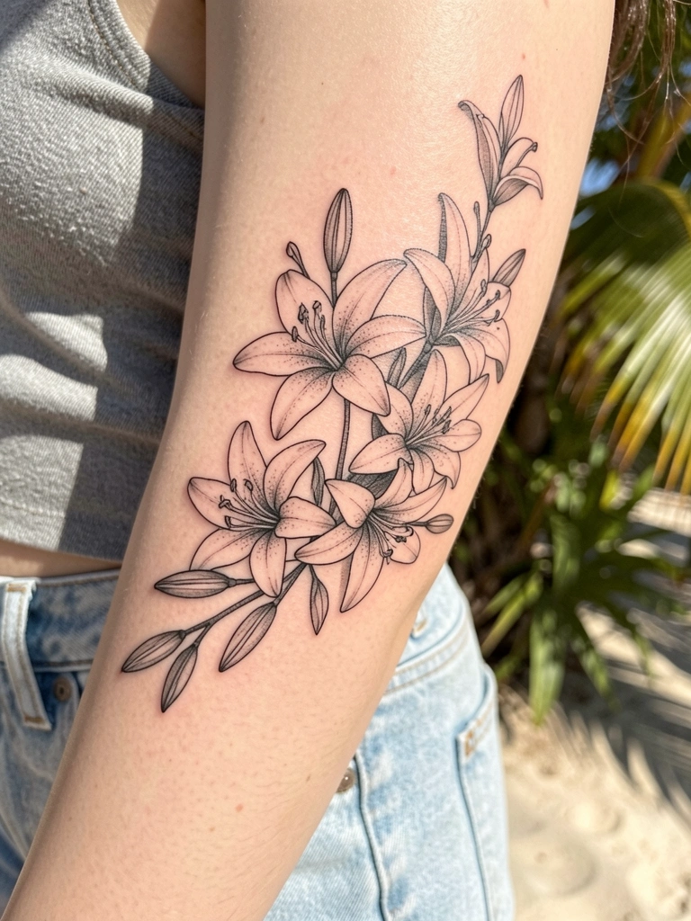 Braço feminino com tatuagem preta de lírios em galho, pele clara, jeans azul claro e luz natural do dia.