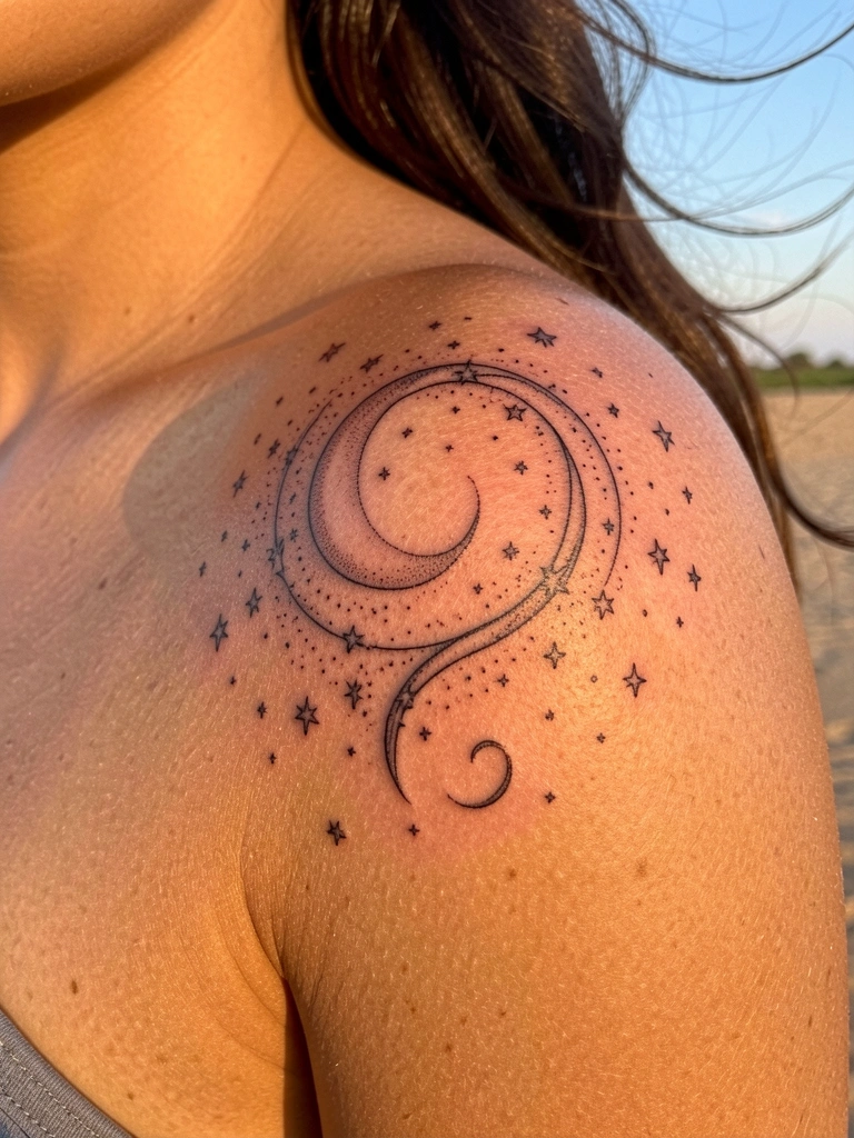 Mulher com tatuagem de estrelas e luas crescentes em linha fina no ombro esquerdo, luz natural quente e fundo ao ar livre.