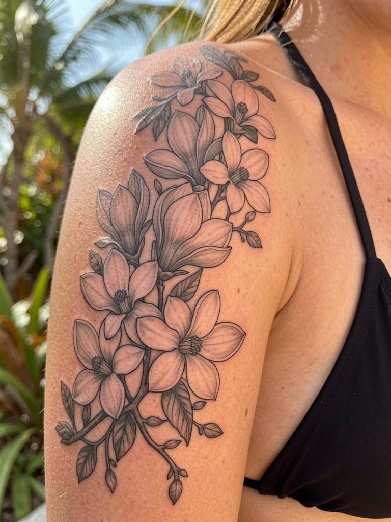 Tatuagem de magnólias e gardênias em tons de cinza no ombro de uma mulher, com detalhes finos e sombreamento realista, pele natural e fundo desfocado com folhagens tropicais.