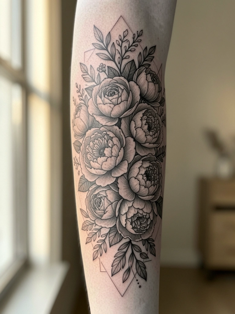 Braço pálido com tatuagem preta e branca de rosas e peônias em estilo realista, luz natural suave e fundo desfocado.