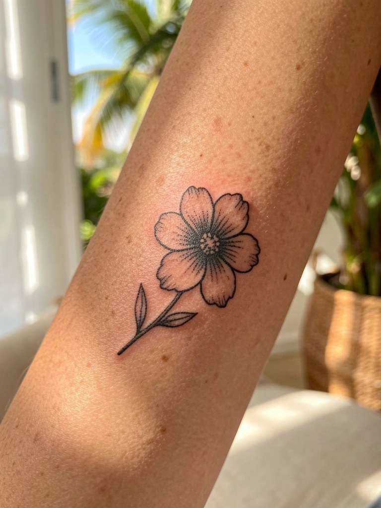 Braço feminino com tatuagem floral preta detalhada no antebraço, pele natural com luz do dia tropical e fundo desfocado.