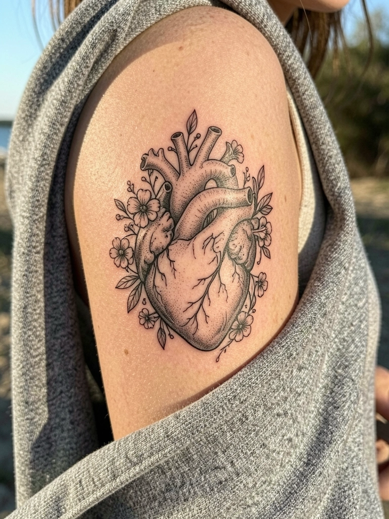 Tatuagem preta e branca de coração com flores e folhas no braço feminino, tecido cinza texturizado, luz natural do dia.