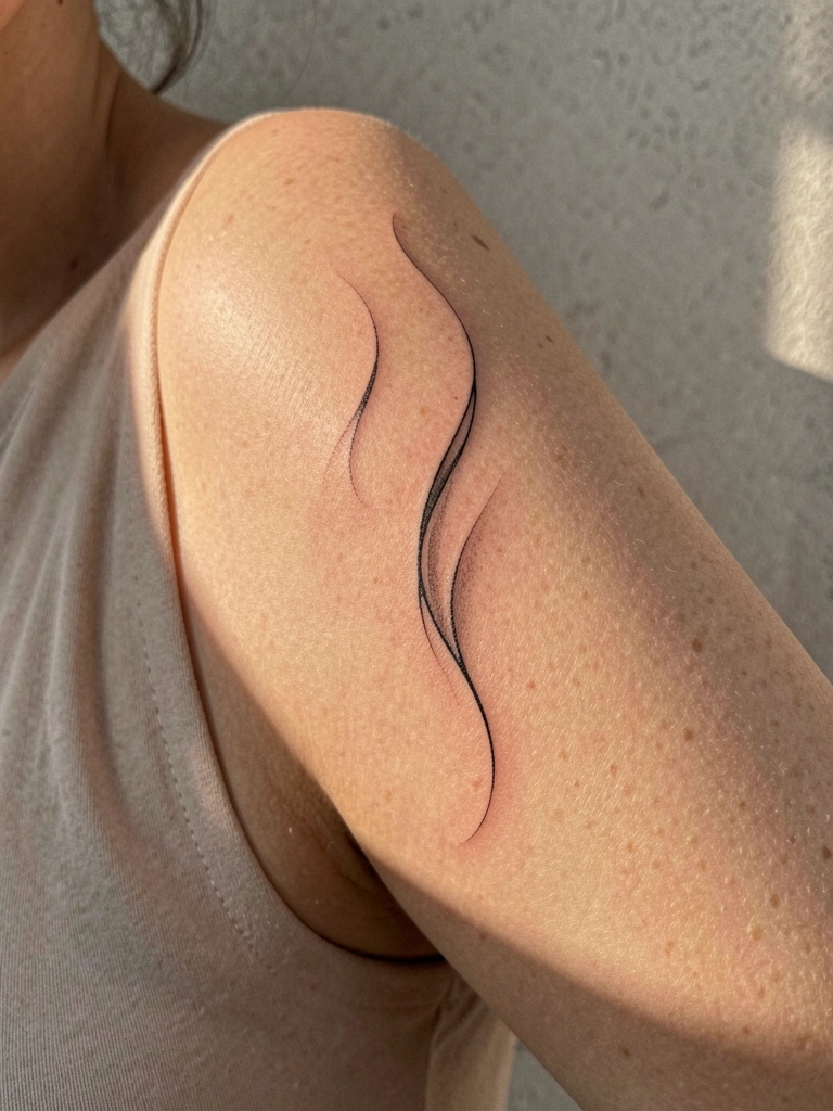 Braço feminino com tatuagem minimalista preta fluindo pelo ombro, pele com textura natural, luz difusa e fundo cinza texturizado.